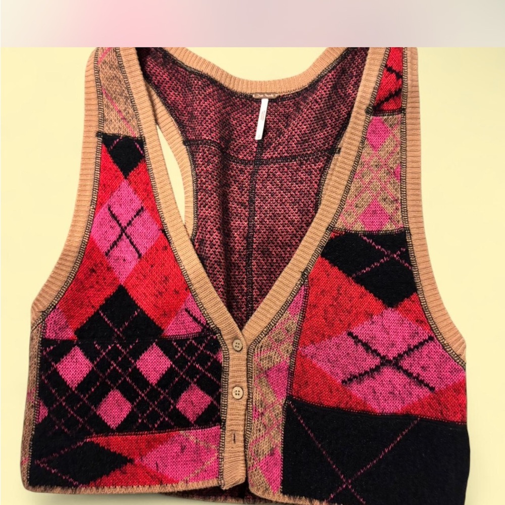 Free People Pink and Black Argyle V-Neck Vest